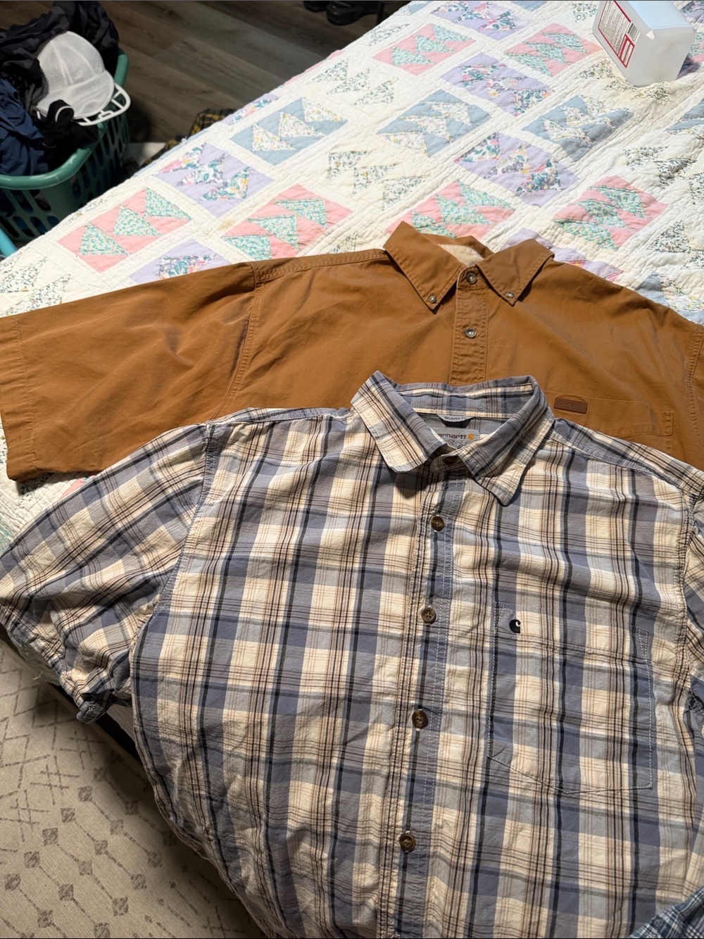 Carhartt Men’s Tan Short-Sleeve Button-Down and Blue Plaid Casual Shirt Set